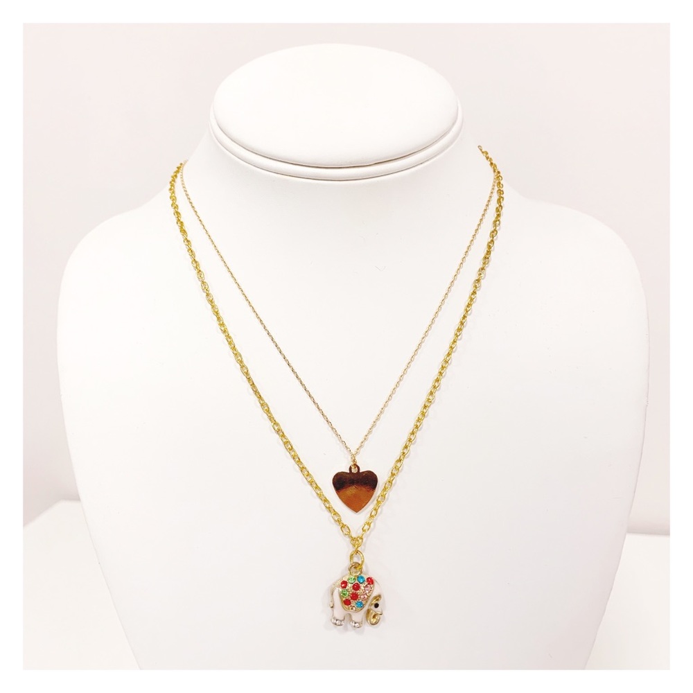 Baby Pink Elephant & Heart Gold Necklace Bundle